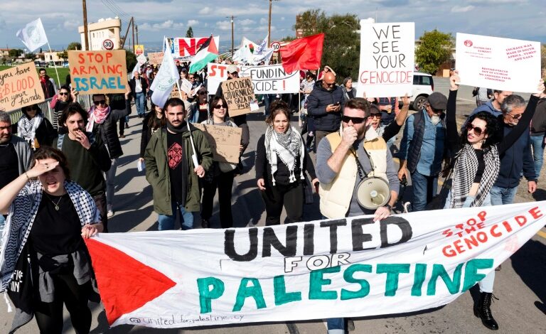 Hundreds of peace protesters rally outside british base in cyprus