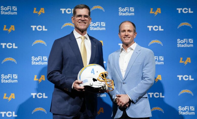 Chargers hire jim harbaugh after college triumph